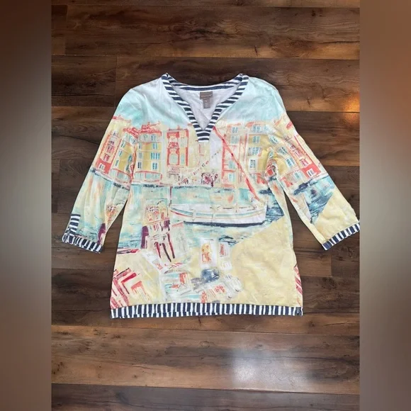 Chico’s Artistic Print Tunic Top Coastal Travel Casual Soft Knit Size L - Picture 2 of 7